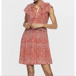Maje Rutti Ruffled Leopard-Print Mini Dress‎ in Red Orange Size Small